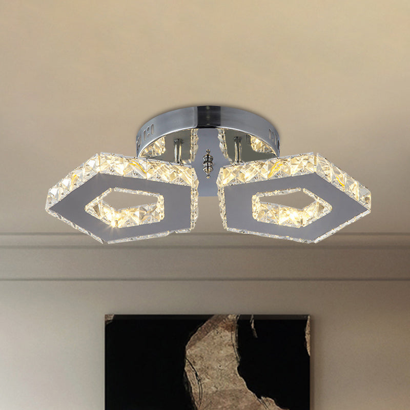 Double Pentagon Semi Flush Mount Amber Crystal Block Ceiling Light in Chrome