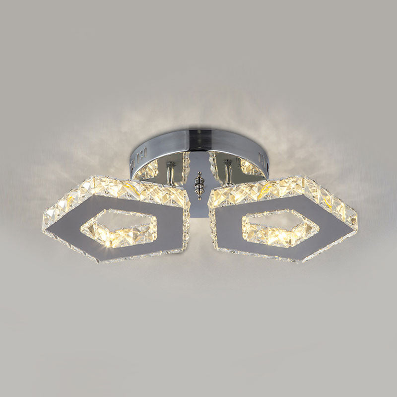 Double Pentagon Semi Flush Mount Amber Crystal Block Ceiling Light in Chrome
