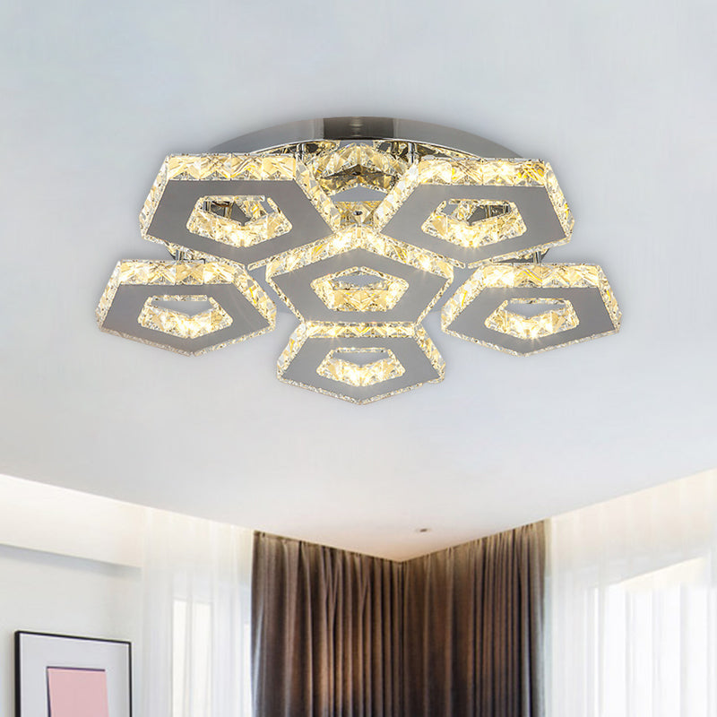 Double Pentagon Semi Flush Mount Amber Crystal Block Ceiling Light in Chrome