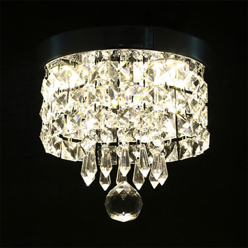 Drum Layered Flush Mount Light Crystal Glam Ceiling Light Fixture in Chrome