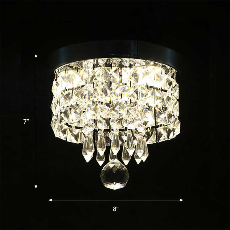 Drum Layered Flush Mount Light Crystal Glam Ceiling Light Fixture in Chrome