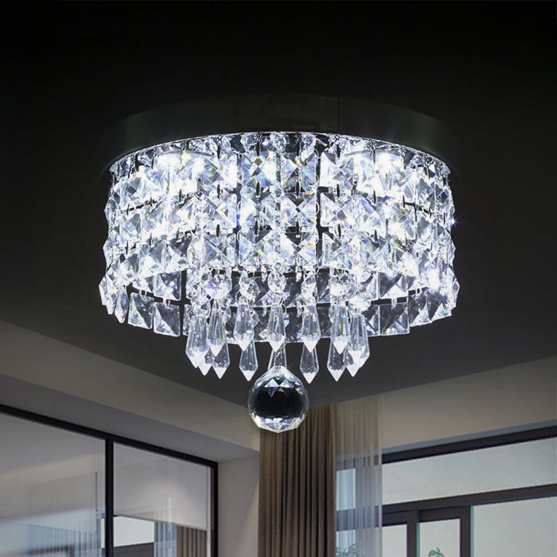 Drum Layered Flush Mount Light Crystal Glam Ceiling Light Fixture in Chrome