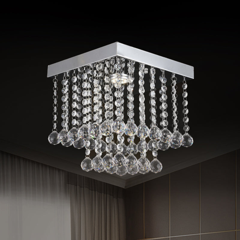 Square Cascading Crystal Flush Mount Chrome Ceiling Light Fixture with Crystal Balls