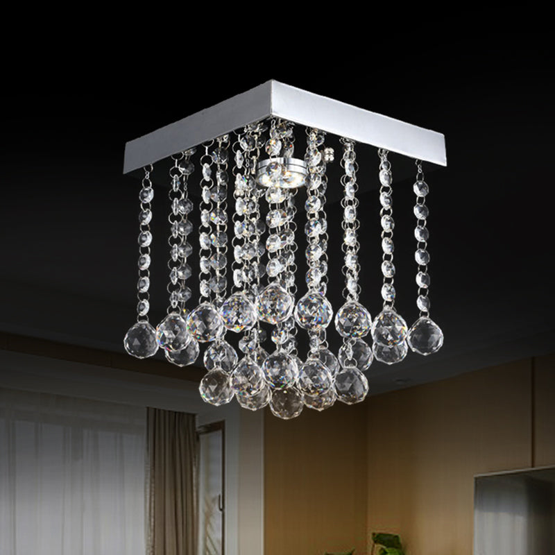 Square Cascading Crystal Flush Mount Chrome Ceiling Light Fixture with Crystal Balls