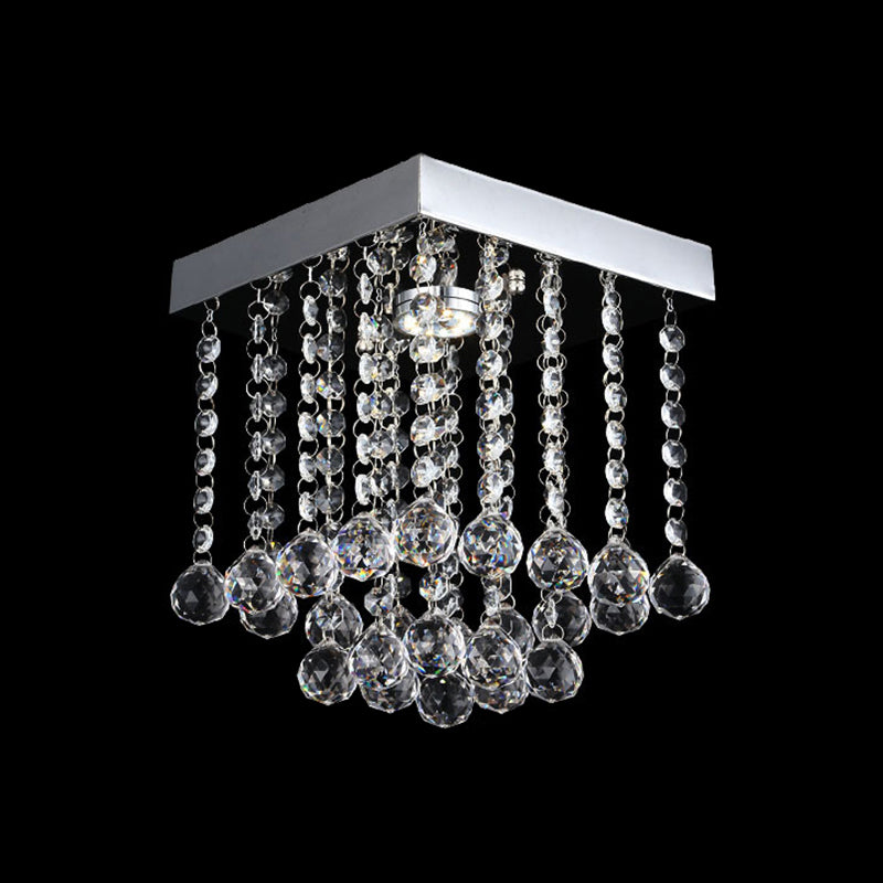 Square Cascading Crystal Flush Mount Chrome Ceiling Light Fixture with Crystal Balls