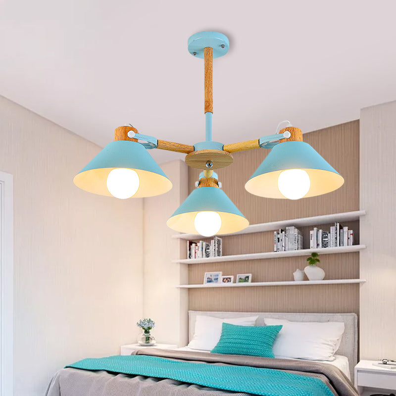 Metal Wood Cone Hanging Pendant Lights 3 Lights Chic Modern Hanging Lamp for Hallway