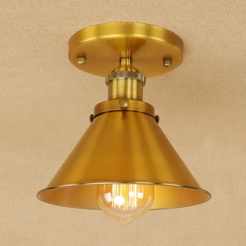 Mini plafonnier à abat-jour conique en fer industriel, 1 lumière, rouille/noir/cuivre, éclairage semi-monté