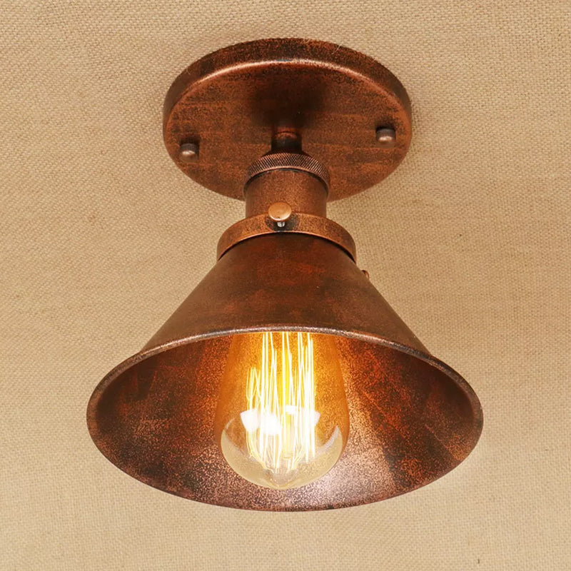 Mini plafonnier à abat-jour conique en fer industriel, 1 lumière, rouille/noir/cuivre, éclairage semi-monté