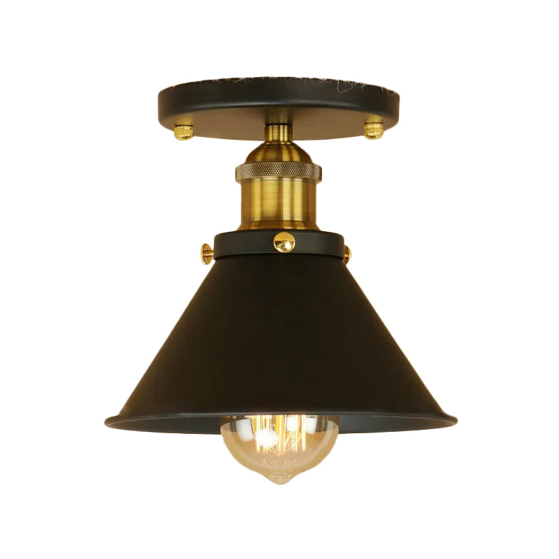 Mini plafonnier à abat-jour conique en fer industriel, 1 lumière, rouille/noir/cuivre, éclairage semi-monté