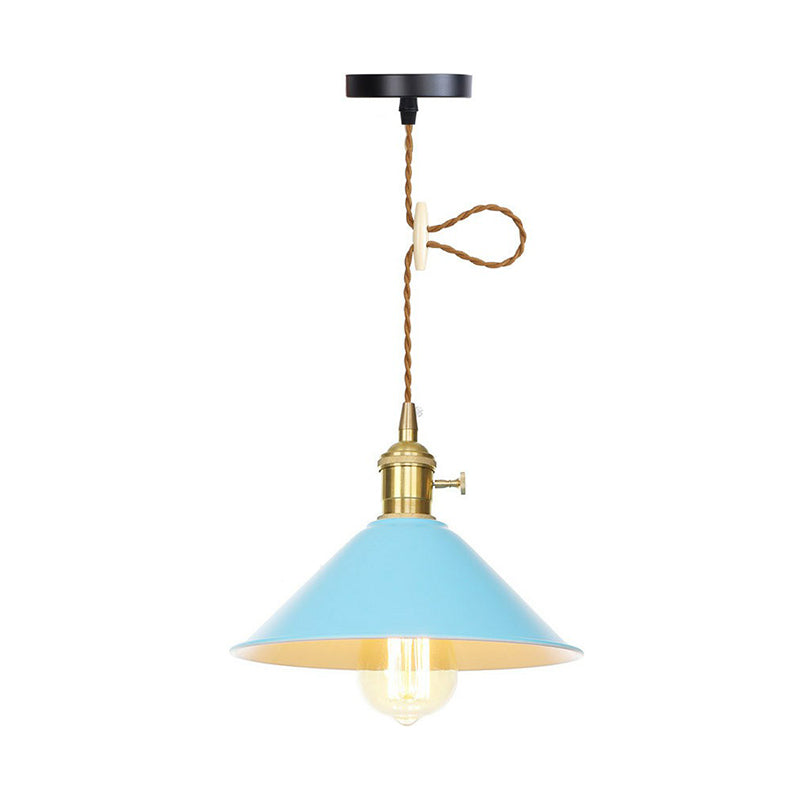 1 Bulb Ceiling Hang Lamp Nordic Kitchen Bar Pendant Light with Barn/Cone Iron Shade in Pink/Blue/Green
