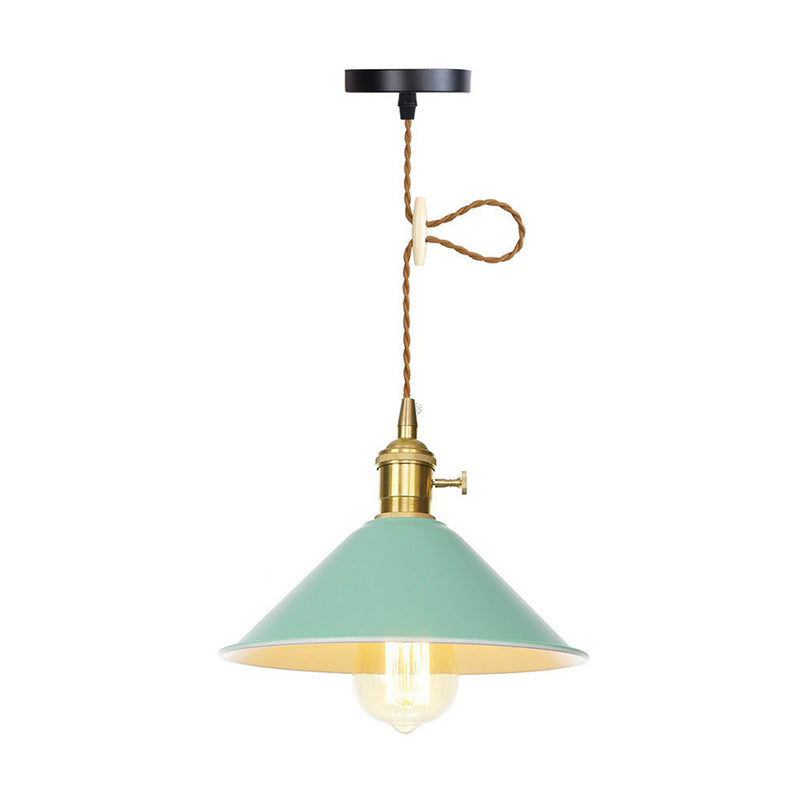 1 Bulb Ceiling Hang Lamp Nordic Kitchen Bar Pendant Light with Barn/Cone Iron Shade in Pink/Blue/Green