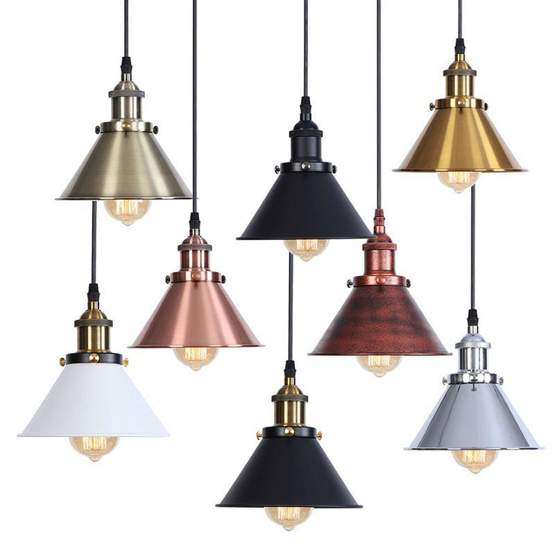 Rolled-Trim Cone Iron Pendant Light Industrial Single-Bulb Kitchen Bar Pendulum Light in Black/Copper/Rust with Cord Grip
