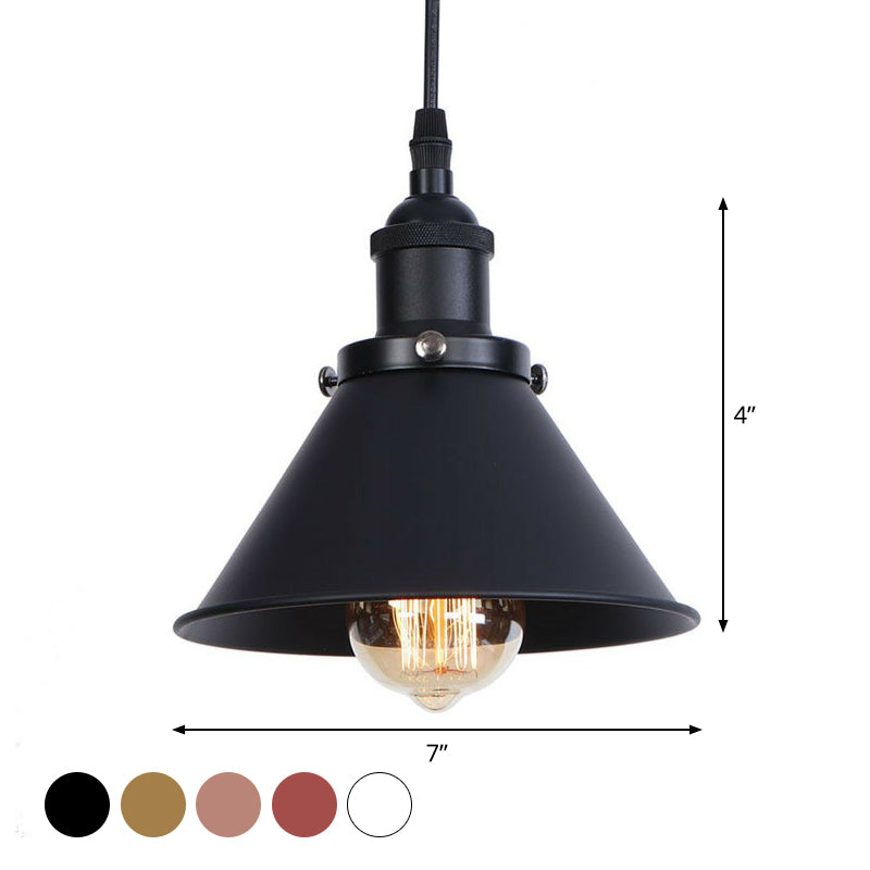 Rolled-Trim Cone Iron Pendant Light Industrial Single-Bulb Kitchen Bar Pendulum Light in Black/Copper/Rust with Cord Grip