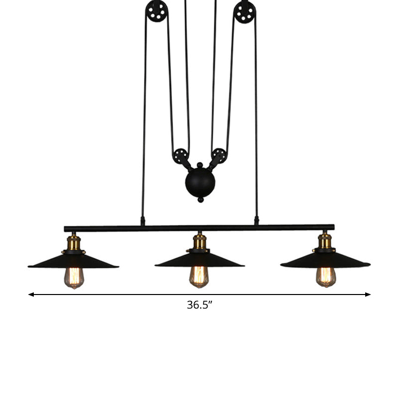 Black Flared Shade Island Lamp Rustic Metallic 3 Heads Dining Room Pendant Light with Pulley