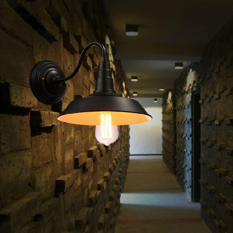 Vintage Barn Wall Lighting 10"/14" Wide 1-Light Metal Gooseneck Wall Mount Light Fixture in Black