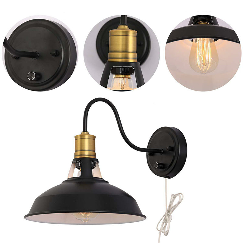 Single Metal Wall Lamp Fixture Farmhouse Black Barn Kitchen Plug-in Wall Mounted Light with Vented Socket