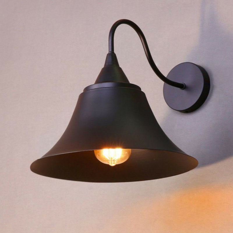 Trumpet Living Room Wall Lighting Vintage Iron 1-Light Black Wall Mount Lamp with Curved Arm