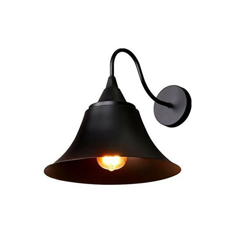 Trumpet Living Room Wall Lighting Vintage Iron 1-Light Black Wall Mount Lamp with Curved Arm