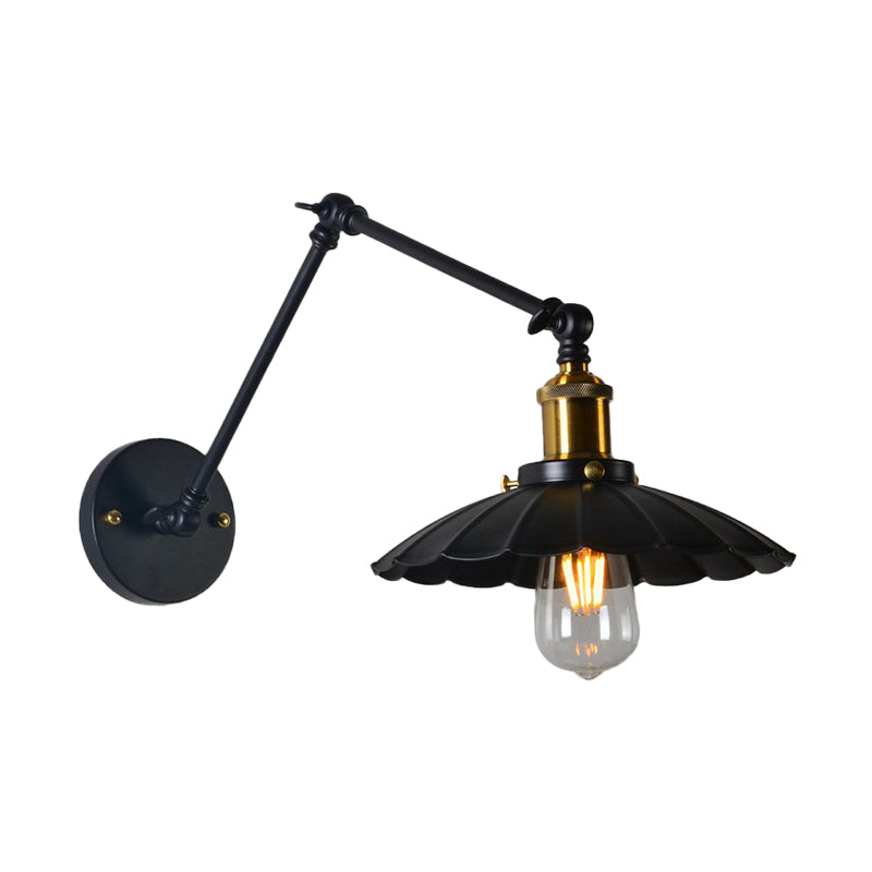 Loft Style Scalloped Wall Lamp 1 Head Iron Wall Mounted Light with Adjustable Arm in Black, 8"+8"/12"+12" W
