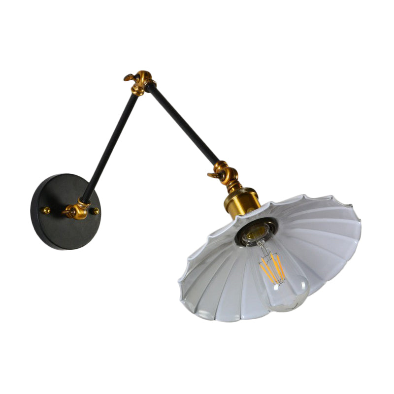Scalloped Iron Wall Reading Lamp Loft 1 Bulb 8"+8"/12"+12" W Bedroom Wall Light with 2-Joint Adjustable Arm in Black/White-Brass