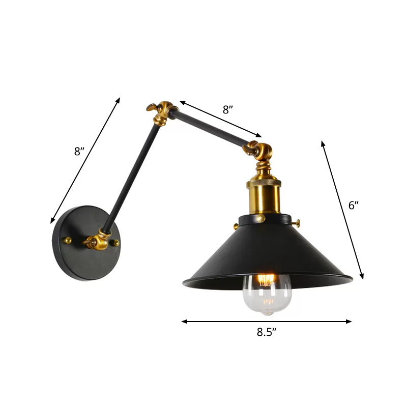 8"+8"/12"+12" W 1 Bulb Cone Wall Light Warehouse Black/White and Brass Iron Swing Arm Task Wall Lamp for Bedroom