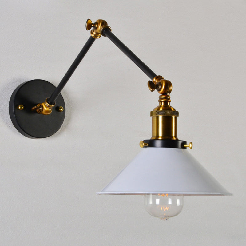 8"+8"/12"+12" W 1 Bulb Cone Wall Light Warehouse Black/White and Brass Iron Swing Arm Task Wall Lamp for Bedroom