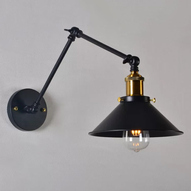 Eisenschwarz/Weiß-Brass-Lesen Wandlampe konische 1-Licht-Fabrikwandbeleuchtung mit 8 "+8"/12 "+12" breiter Schwungarm