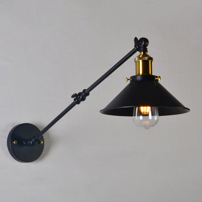 Eisenschwarz/Weiß-Brass-Lesen Wandlampe konische 1-Licht-Fabrikwandbeleuchtung mit 8 "+8"/12 "+12" breiter Schwungarm