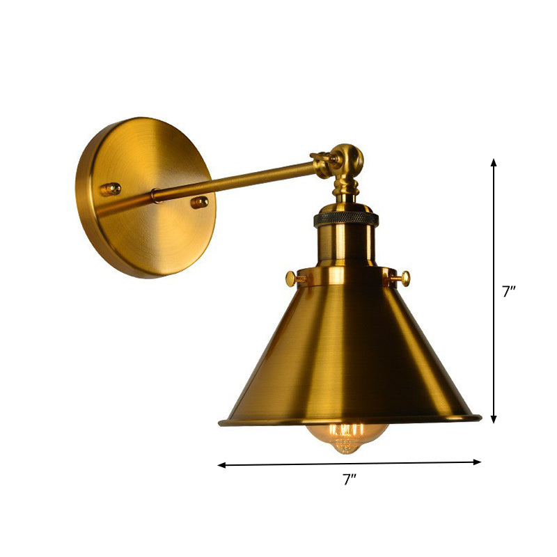 Antique Cone-Shape Swivelable Wall Light Single-Bulb Metal Wall Mount Light Fixture in Gold