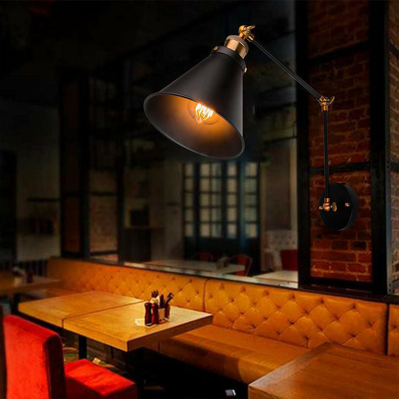 1-Light Wall Lighting Fixture Farmhouse Bistro Adjustable Wall Lamp with Conic Iron Shade in Black