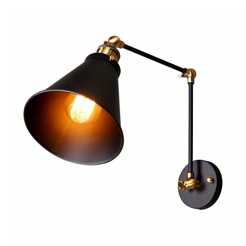 1-Light Wall Lighting Fixture Farmhouse Bistro Adjustable Wall Lamp with Conic Iron Shade in Black
