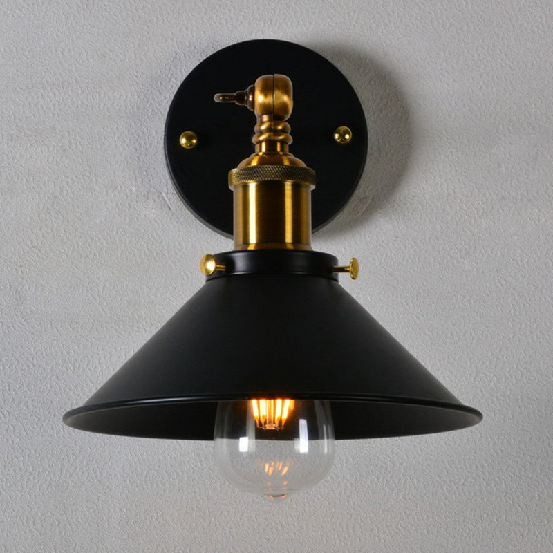 Rolled-Edge Cone Kitchen Wall Lamp Countryside Metal 1 Bulb Black/White-Brass Wall Mount Lighting with Adjustable Joint
