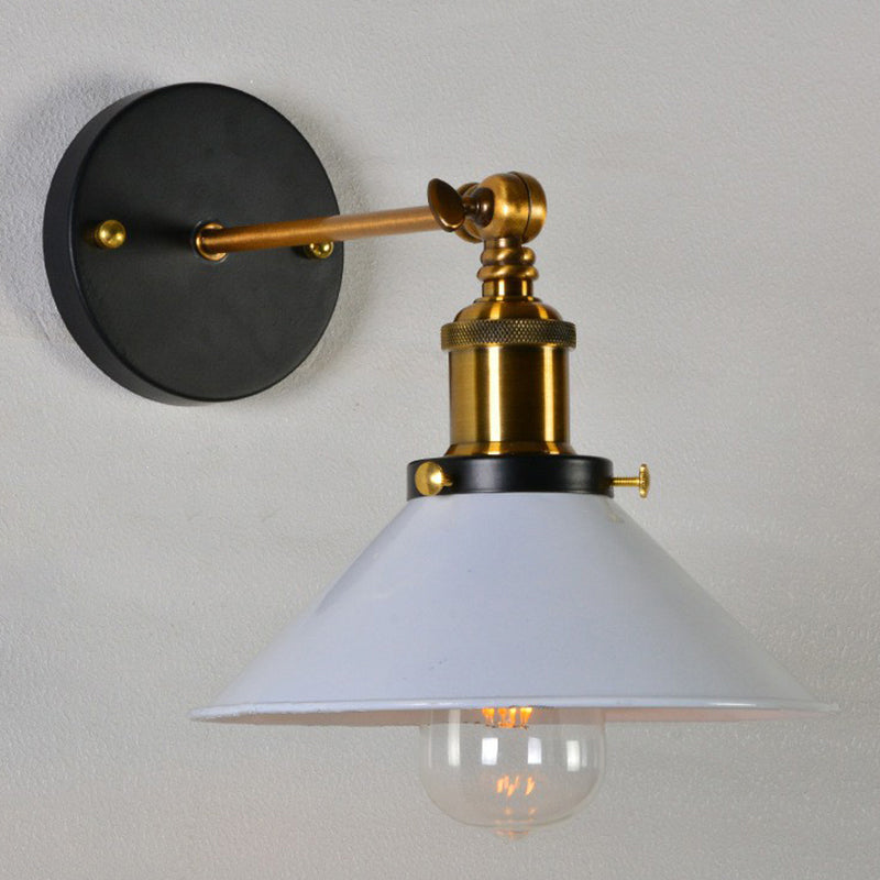 Rolled-Edge Cone Kitchen Wall Lamp Countryside Metal 1 Bulb Black/White-Brass Wall Mount Lighting with Adjustable Joint