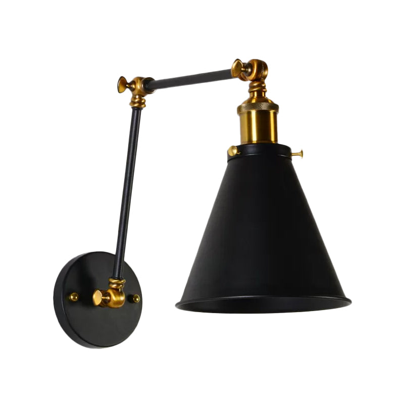 Black-Brass Conical Wall Lamp Fixture Retro Iron 1 Bulb Studio Task Wall Light with Swing Arm