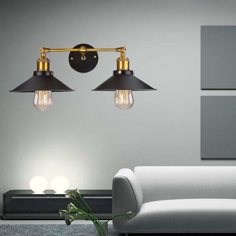 Cone Workshop Wall Light Kit Rustic Metal 1/2-Light Black Wall Mount Lamp with Rotating Brass Linear Arm