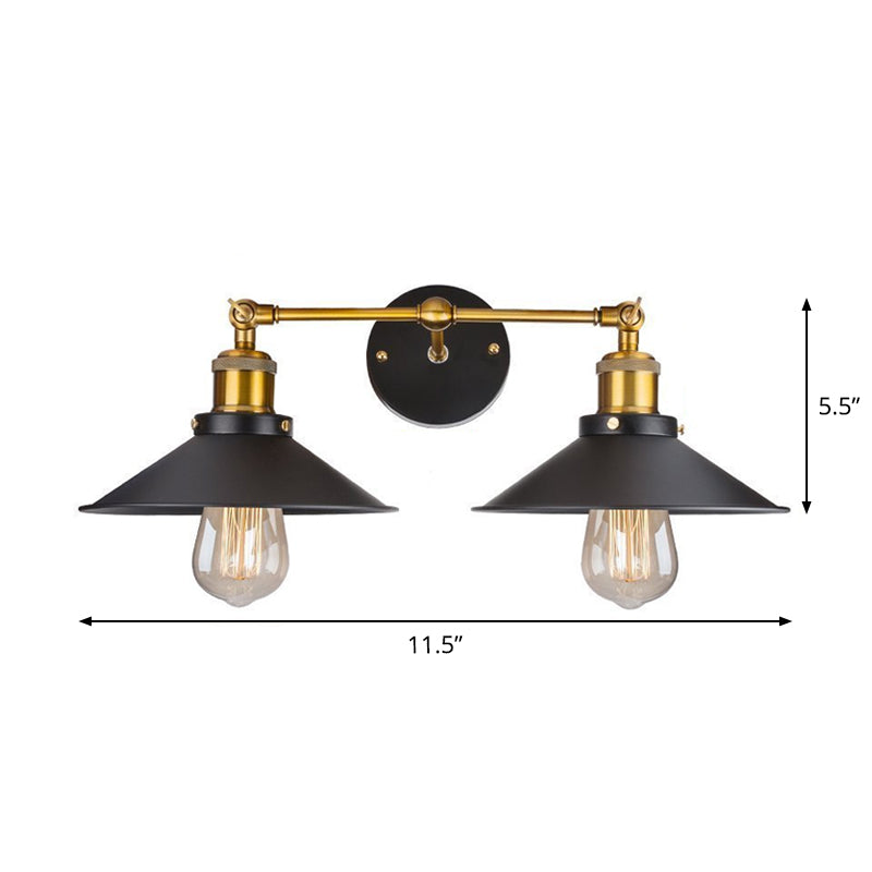 Cone Workshop Wall Light Kit Rustic Metal 1/2-Light Black Wall Mount Lamp with Rotating Brass Linear Arm