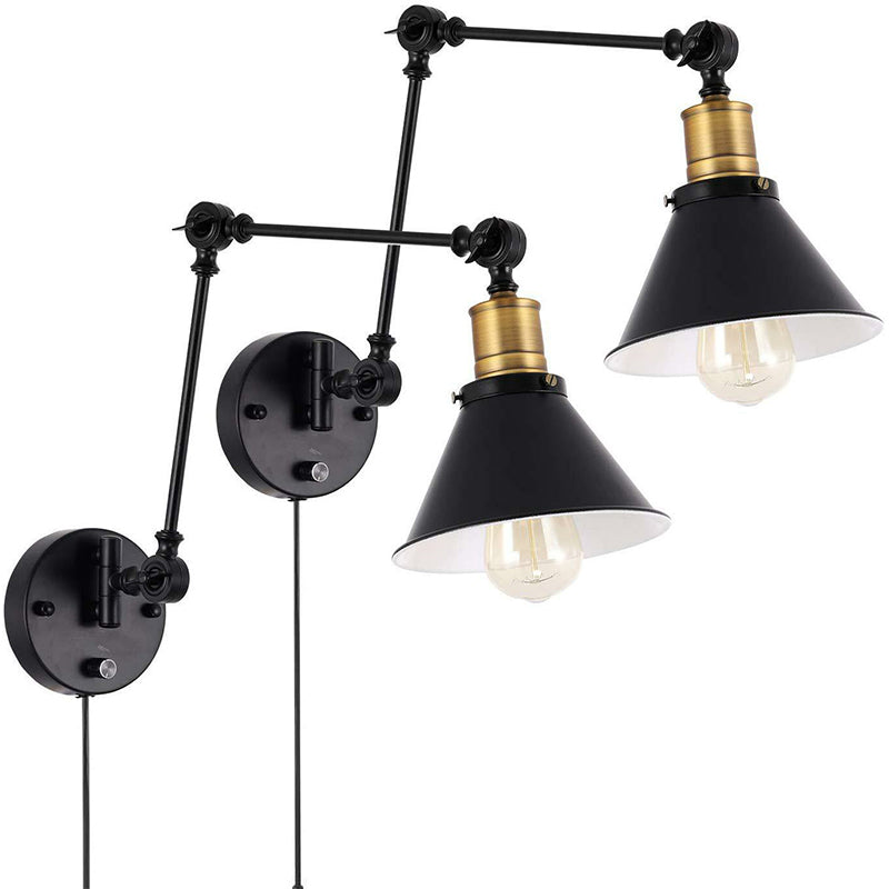 Flexible Swing Arm Metal Task Wall Light Industrial 1/2-Light Office Plug-in Wall Mount Lamp with Cone Shade in Black