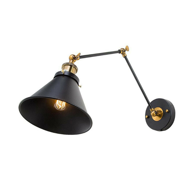 Iron Black Finish Reading Wall Lamp Roll-Edge Conical Single Industrial Plug/Plug-less Wall Lighting with Swing Arm