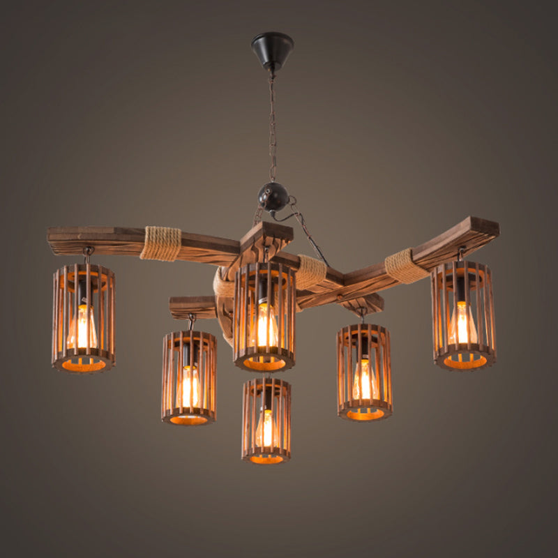 Wood Caged Hanging Chandelier Lodge 6-Bulb Dining Room Ceiling Pendant Light with Rope Detail in Black/Brown