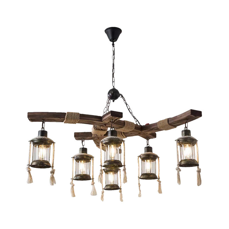 Wood Caged Hanging Chandelier Lodge 6-Bulb Dining Room Ceiling Pendant Light with Rope Detail in Black/Brown