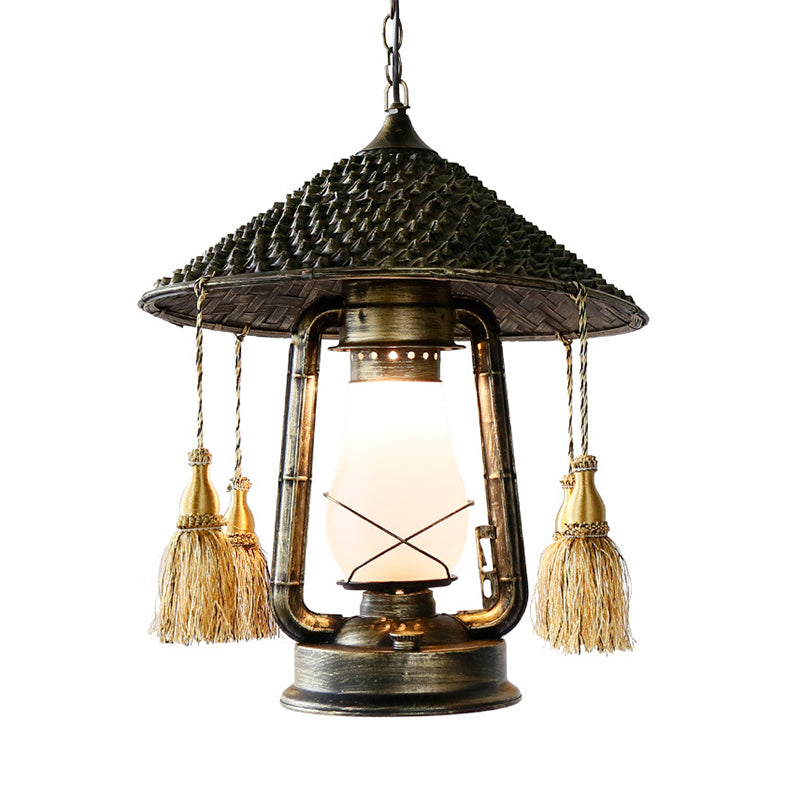 Bronze 1 tête suspendue suspension rural crème en verre kérosène plafond suspension lampe avec nœud et haut de pavillon