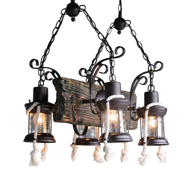 Wood Board Black Island Lamp Linear 4 Lights Nautical Suspension Lighting with Lantern and Hemp Rope