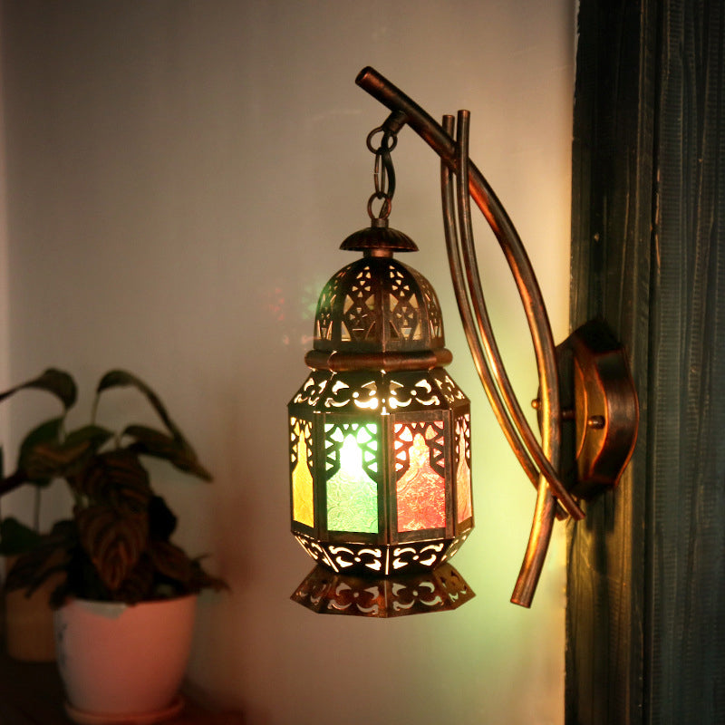 Moroccan Carved Lantern Wall Lamp 1 Bulb Stained Art Glass Wall Mounted Light Fixture in Copper