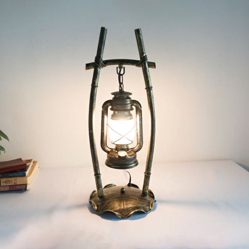 Antiqued Brass Single Night Lamp Farmhouse Opal Glass Kerosene Table Light with Frame and Ruffled Base