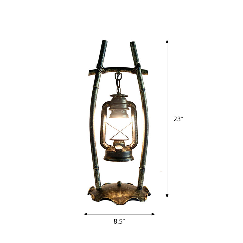 Antiqued Brass Single Night Lamp Farmhouse Opal Glass Kerosene Table Light with Frame and Ruffled Base
