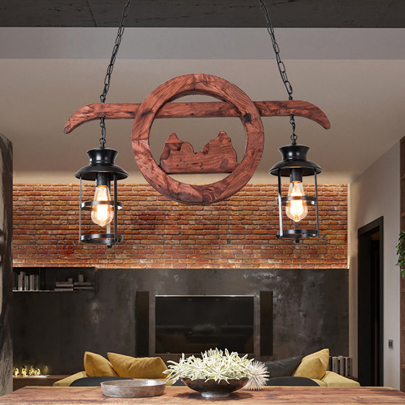 2/6/8 LUMIÈRES LANTERIE PENDANT Ferme de lampe brune îlot en verre transparent avec cercle / trapézoïde / bras en bois sillonnant