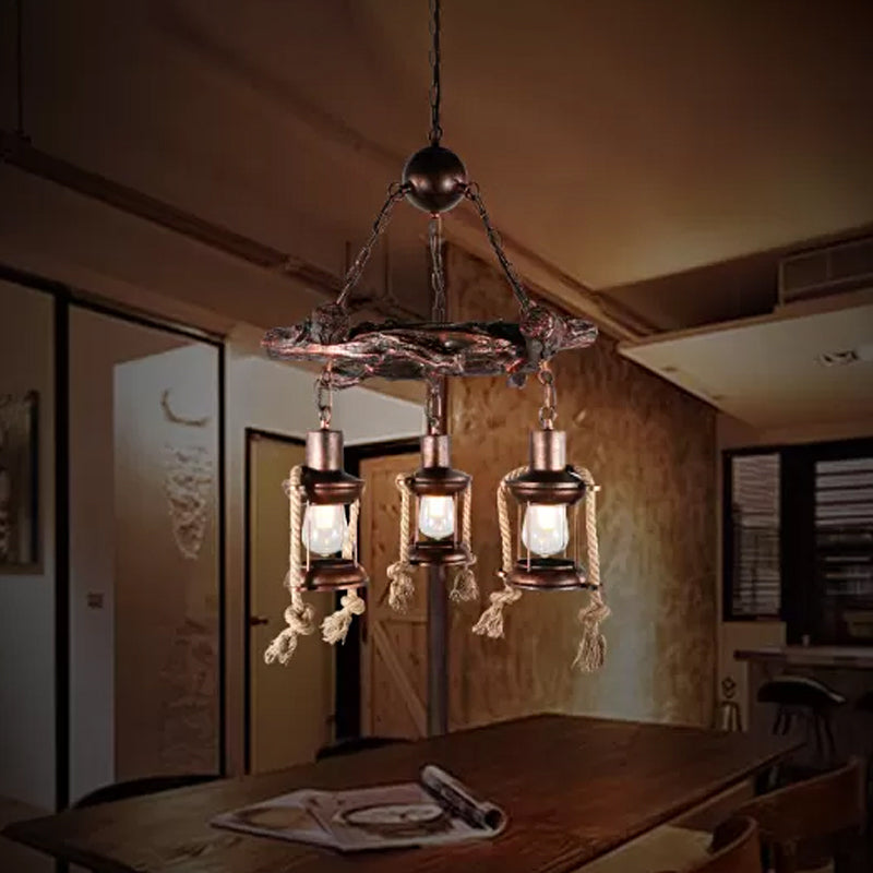 Nautical Circle/Wheel Hanging Light Kit 3/7 Heads Metallic Chandelier Pendant with Lantern and Rope Cord in Copper