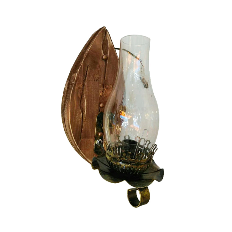 1/2-Light Clear Glass Wall Sconce Rustic Brown Lantern/Kerosene Kitchen Wall Mounted Light with Ox/Oval Wood Backplate