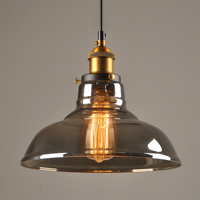 Clear/Smoke Grey Glass Barn Pendant Lamp Country Style 1 Head Dining Room Hanging Light in Brass and Black