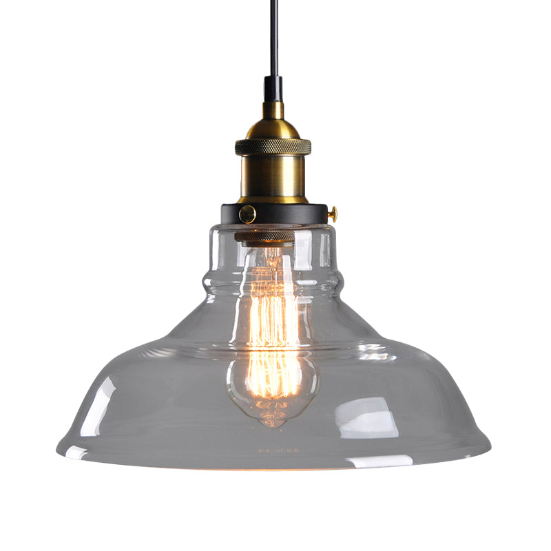 Clear/Smoke Grey Glass Barn Pendant Lamp Country Style 1 Head Dining Room Hanging Light in Brass and Black